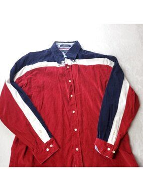 Tommy Hilfiger Corduroy Button Shirt Mens L Large Red Long Sleeve y2K Retro USA